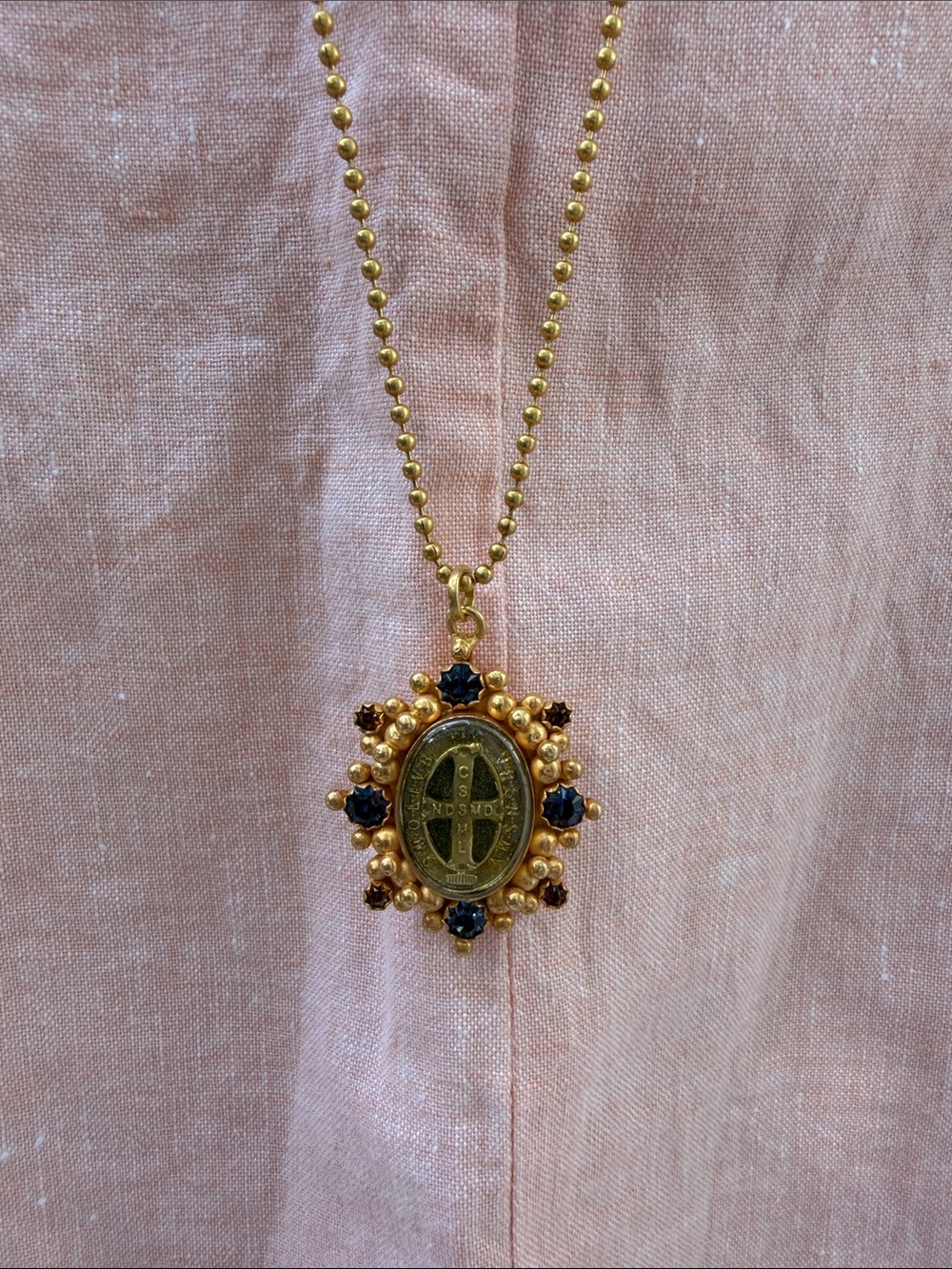 Gold-Tone Medallion Necklace with Blue & Brown Accents